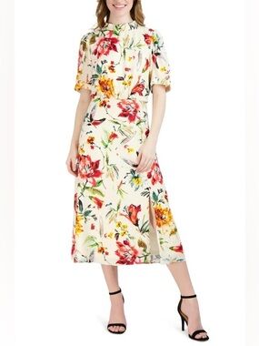 NEW JULIA JORDAN Women’s Floral Mock Neck Dress in Ivory Multi
